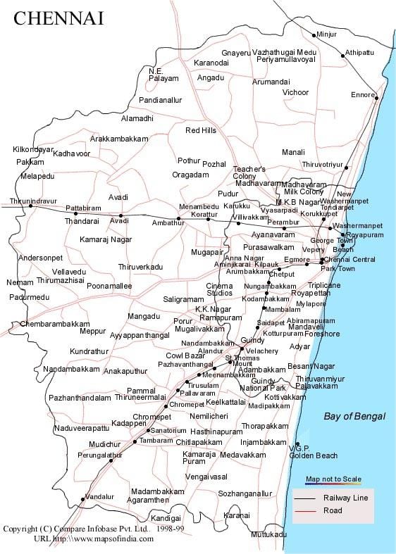 Chennai kaart met de routebeschrijving