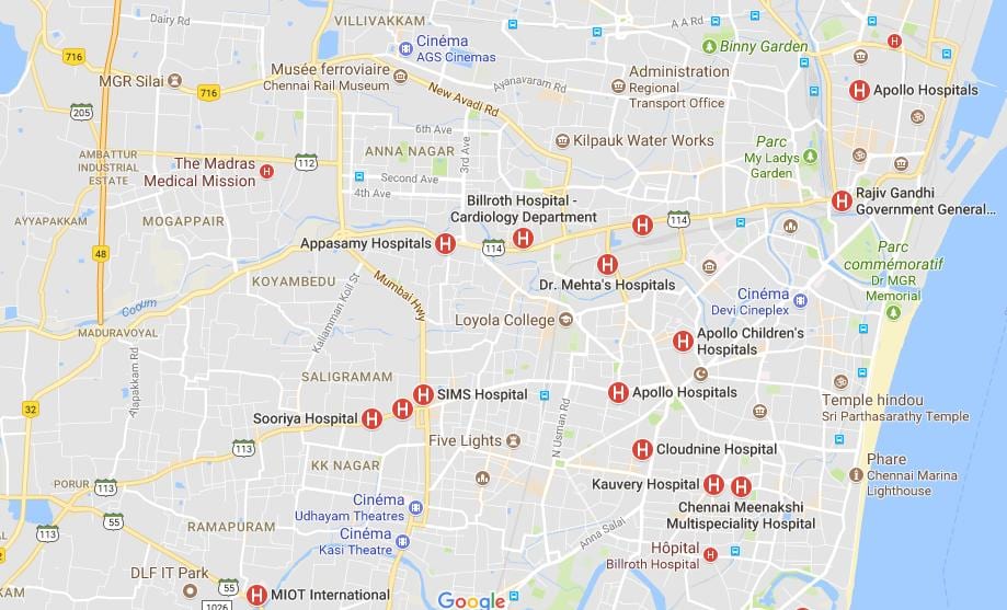 kaart van Chennai Ziekenhuizen 